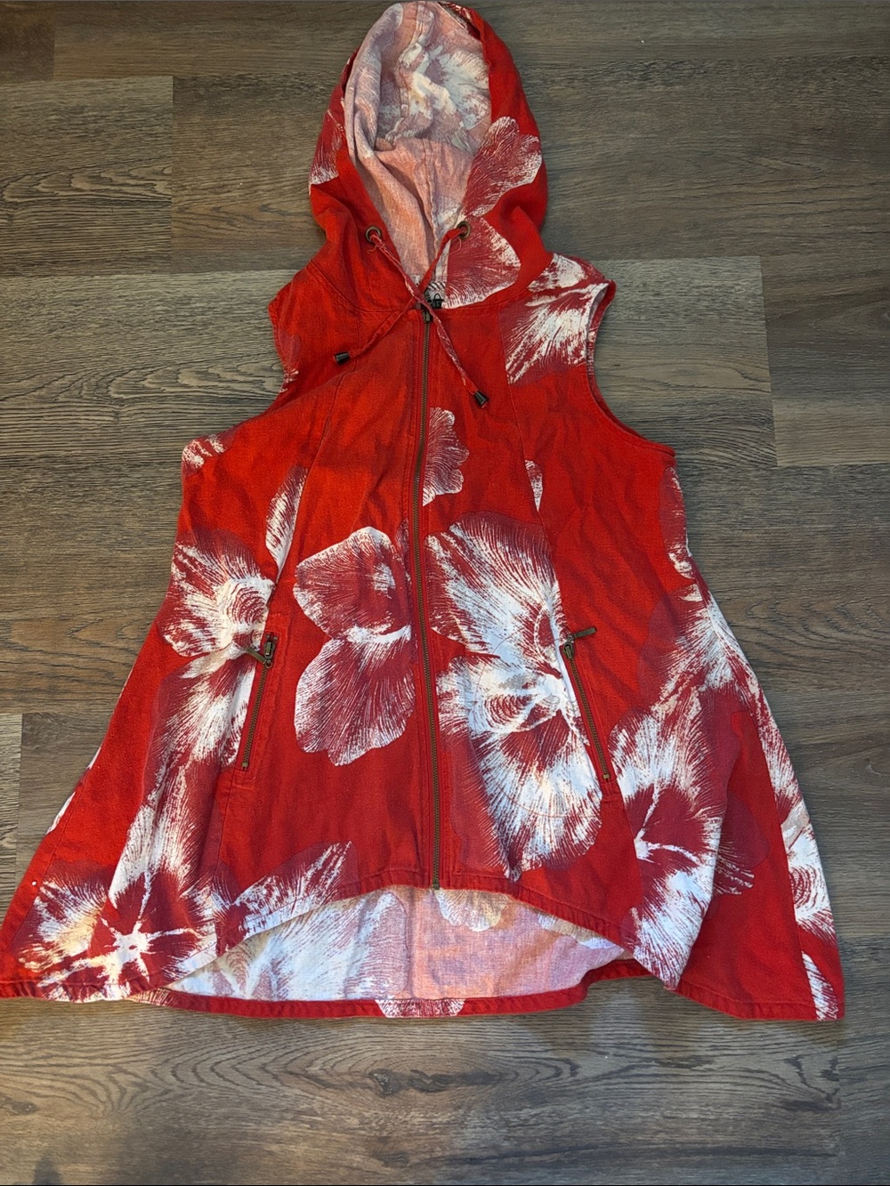 For Cynthia Red Hooded Zip-Up Vest with White Floral Design